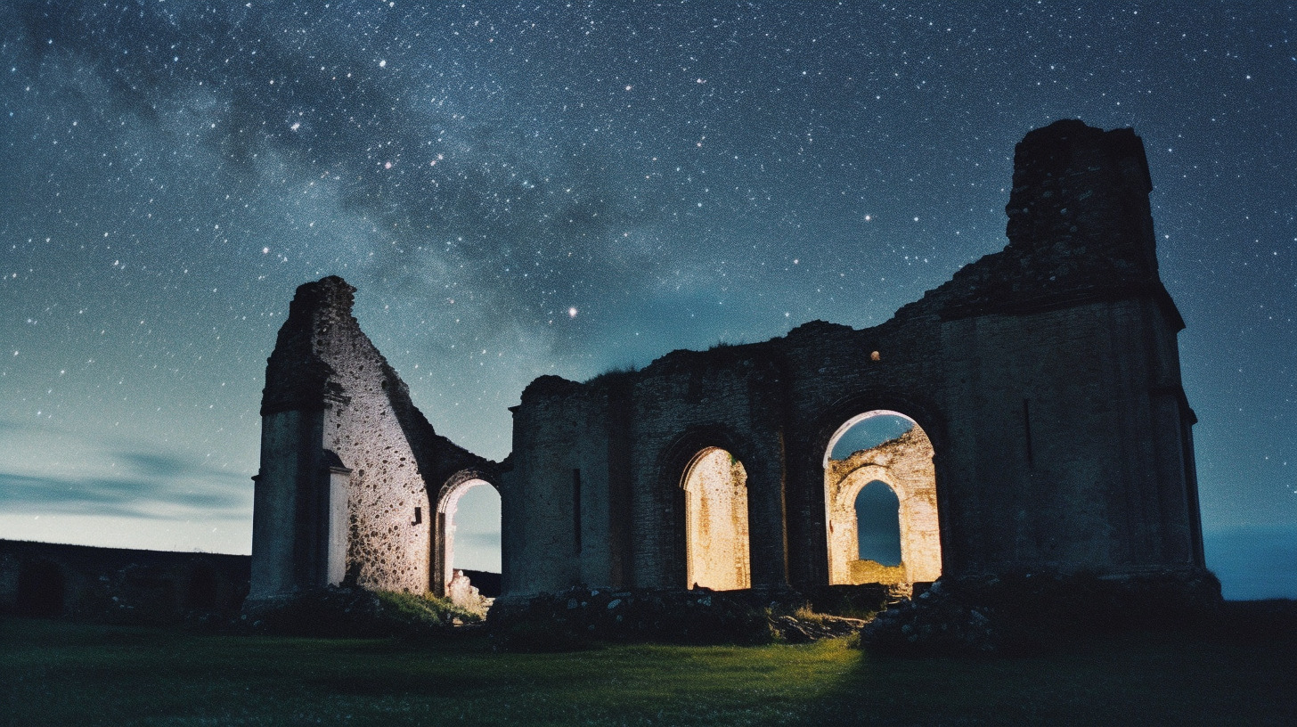 light-collective_A_black_starry_sky_a_small_crumbling_monstary__1252e220-7967-46d1-89f5-dc3456102b8e